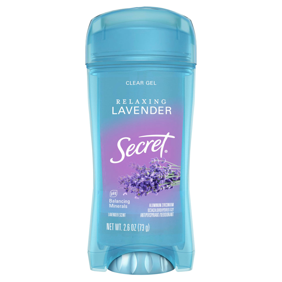 Secret front packaging clear gel showing bottle and lavender scent benefit