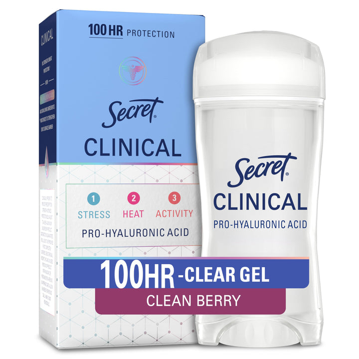 Secret front packaging showing clear gel and clean berry scent benefit