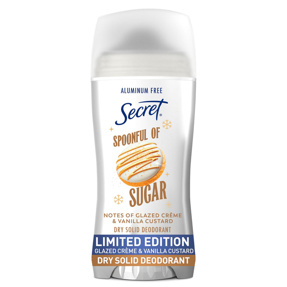 Secret front packaging showing Spoonful of Sugar scent and benefit long-lasting freshness
