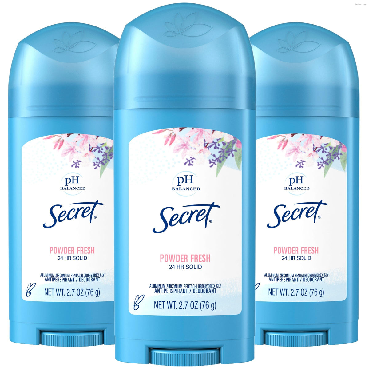 Secret front packaging showing wide solid stick and Powder Fresh scent benefit freshness