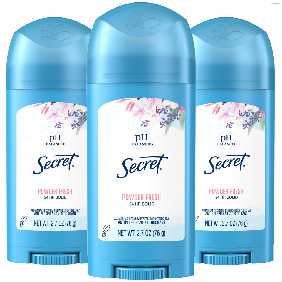 Secret front packaging showing wide solid stick and Powder Fresh scent benefit freshness