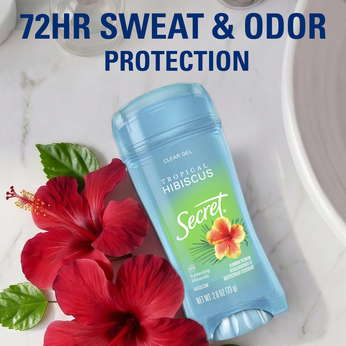 Secret minerals ingredient shot emphasizes pH balancing and odor control benefit