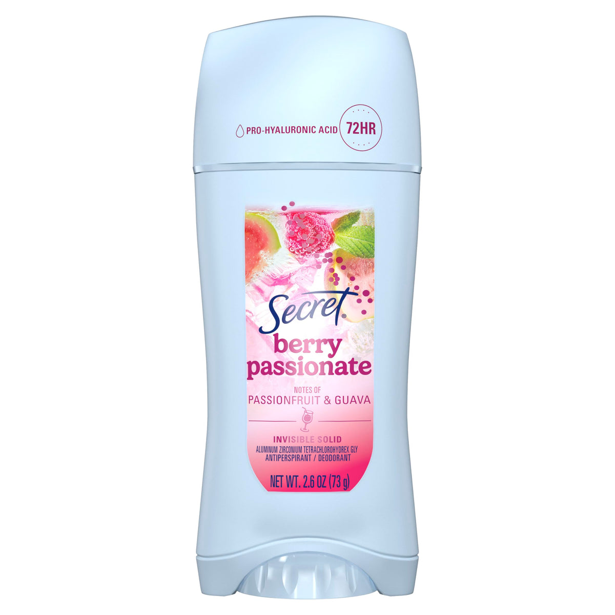 Secret front packaging shows Berry Passionate scent and 2.6 oz size for confident freshness