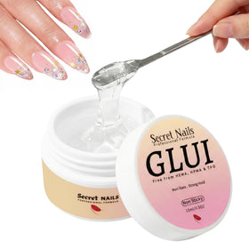 Secret Nails GLUI front packaging showing 15ml bottle and label benefits