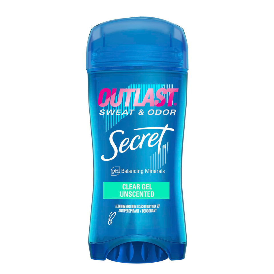 Secret Outlast clear gel front packaging showing unscented 72-hour protection