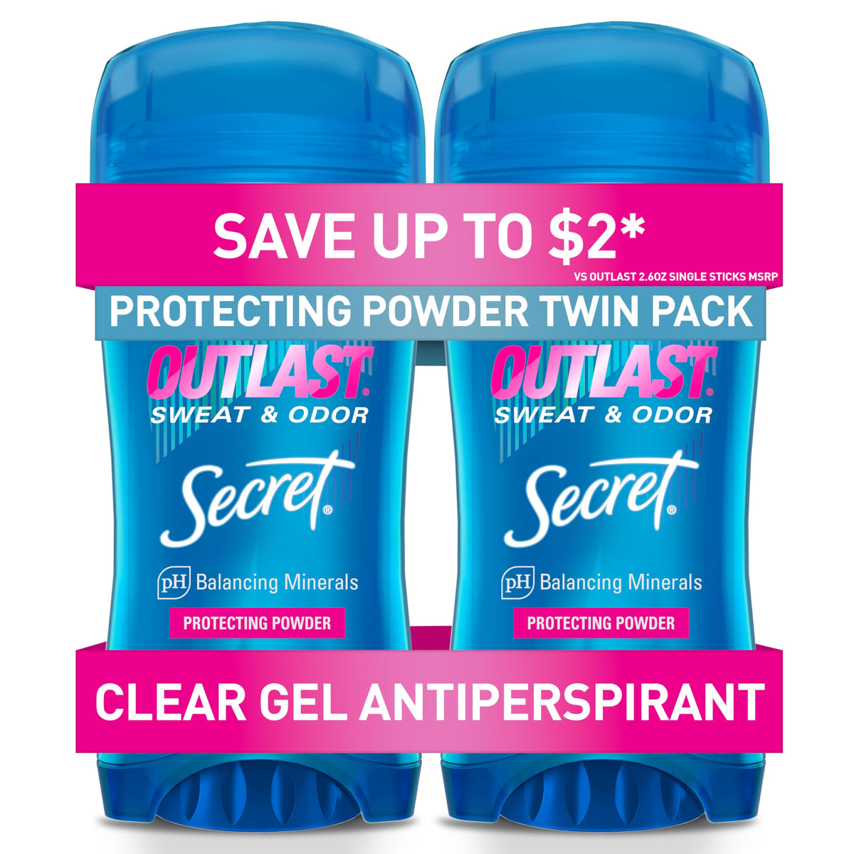 Secret Outlast front packaging showing Protecting Powder scent and 2-pack benefit
