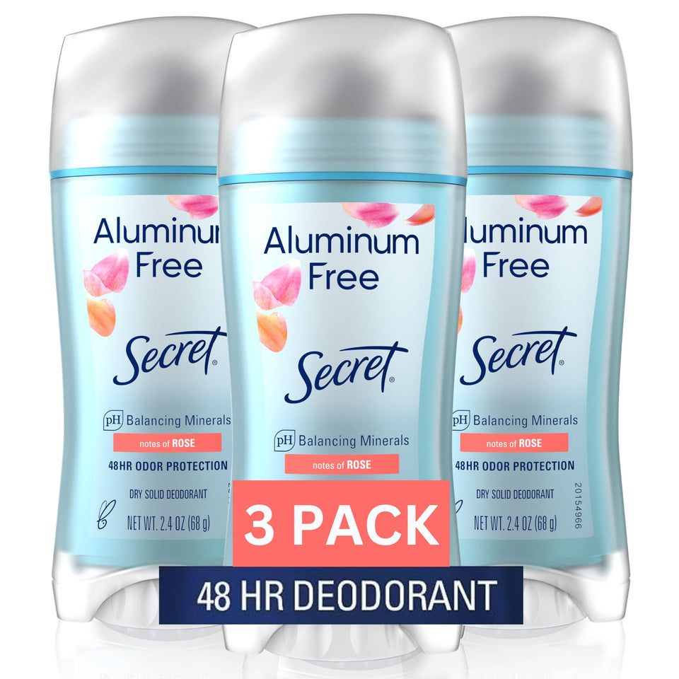 Secret front packaging showing rose-scented deodorant and benefits