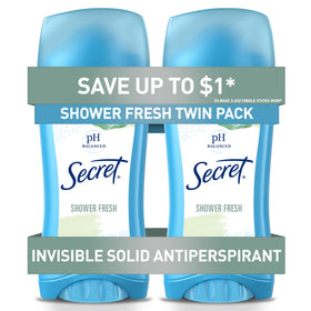 Secret front packaging showing Shower Fresh twin pack and convenience