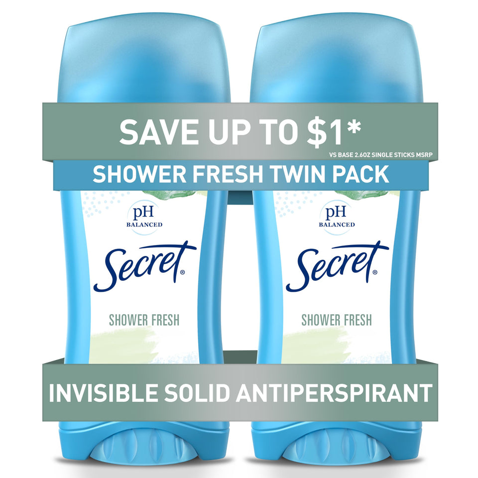 Secret front packaging showing Shower Fresh twin pack and convenience