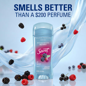 Secret product beside hand to show 3.4 oz size and travel convenience