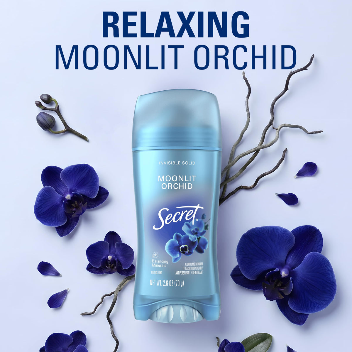Secret product displayed with orchid flowers for scent mood