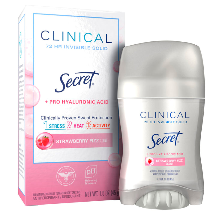 Secret front packaging showing Strawberry Fizz scent and benefits