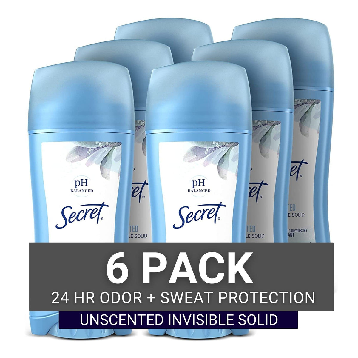 Secret unscented front packaging showing label and stick benefit