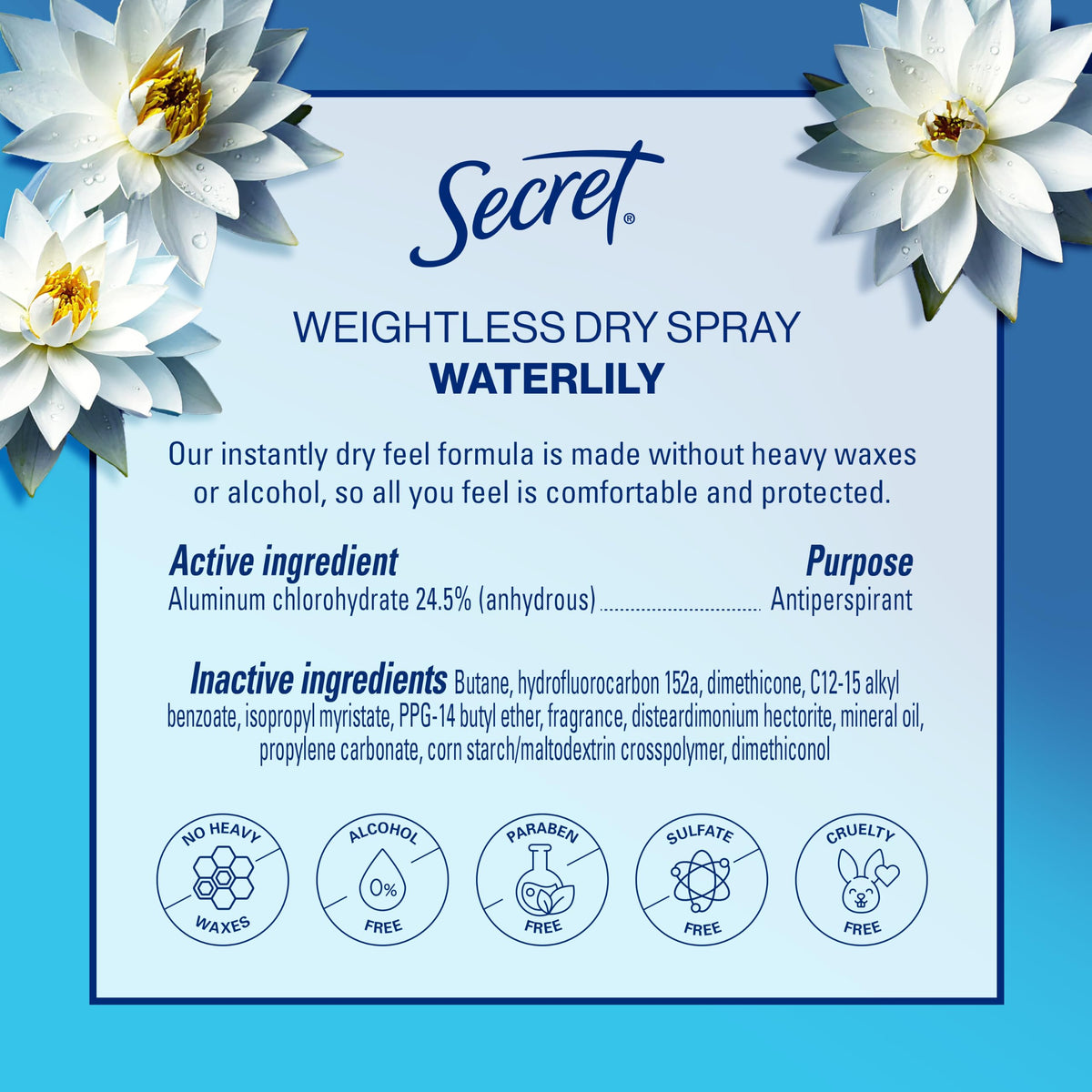 Secret bottle with waterlily and argan visuals indicating fresh scent benefit