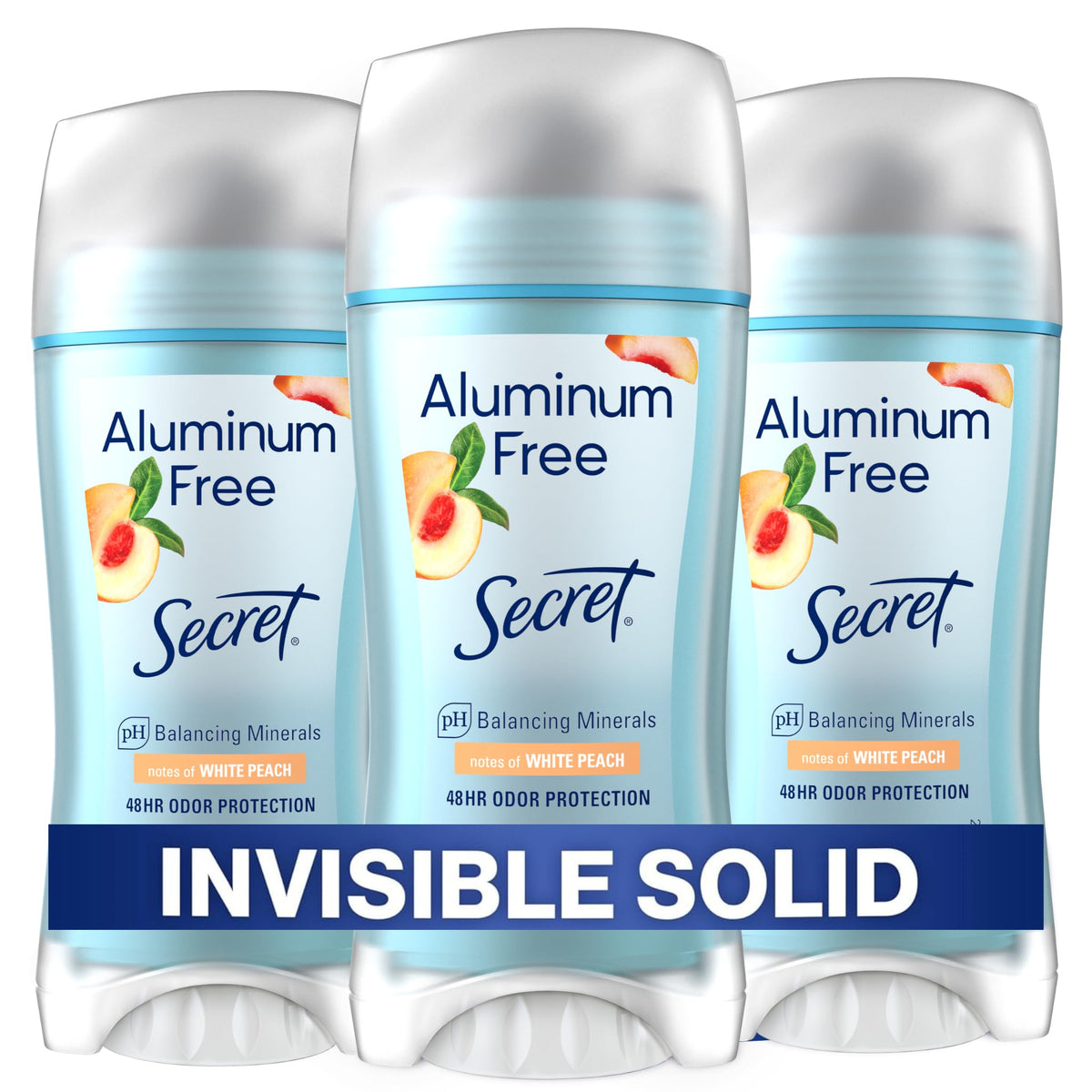 Secret front packaging showing White Peach scent and pack benefits