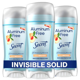 Secret front packaging showing White Peach scent and pack benefits