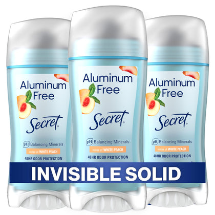 Secret front packaging showing White Peach scent and pack benefits