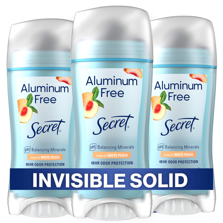 Secret front packaging showing White Peach scent and pack benefits