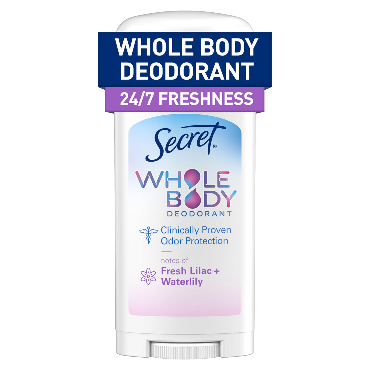 Secret whole body front packaging showing 2.4 oz stick and floral graphics for quick identification and freshness