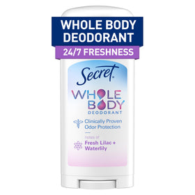 Secret whole body front packaging showing 2.4 oz stick and floral graphics for quick identification and freshness
