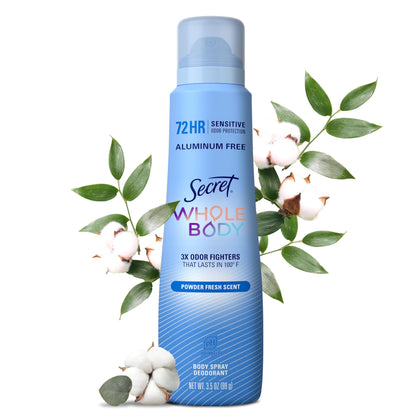 Secret whole body front packaging showing powder fresh scent and benefits