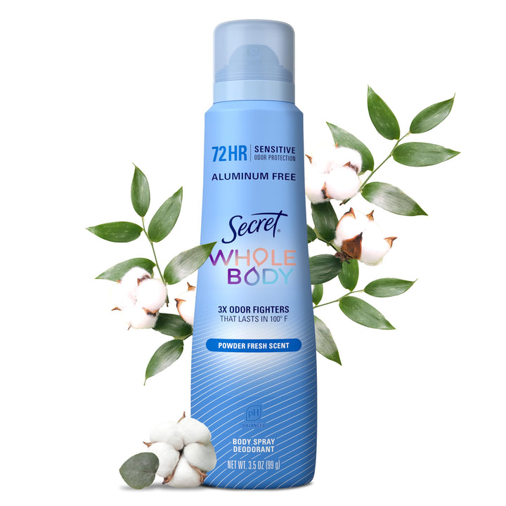Secret whole body front packaging showing powder fresh scent and benefits