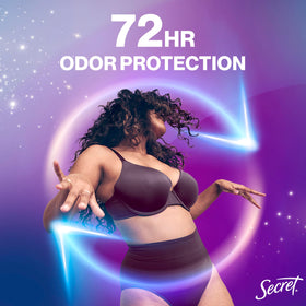 Secret whole body product label close-up displaying ingredient highlights and aluminum-free claim