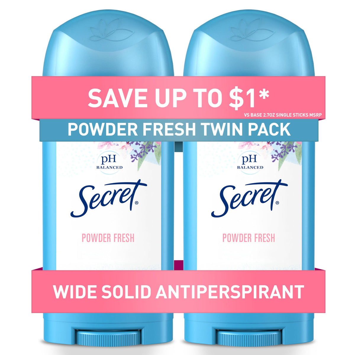 Secret wide solid front packaging showing twin sticks and powder fresh scent benefit