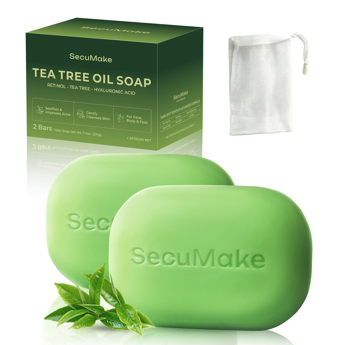 SecuMake front packaging displaying two bars and benefits for clear skin