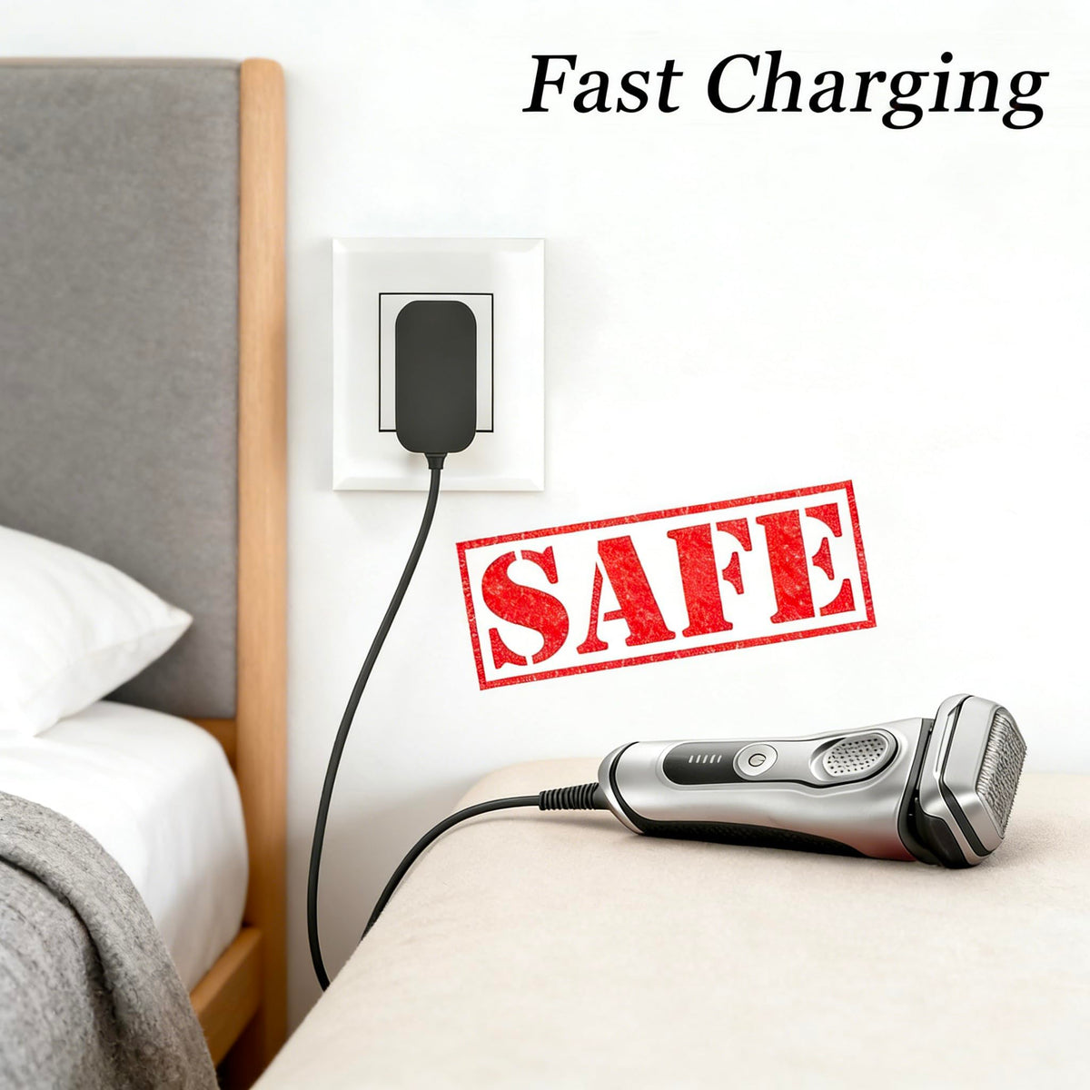 SEEHOM charger plugged into international outlet, travel-ready 100–240V convenience