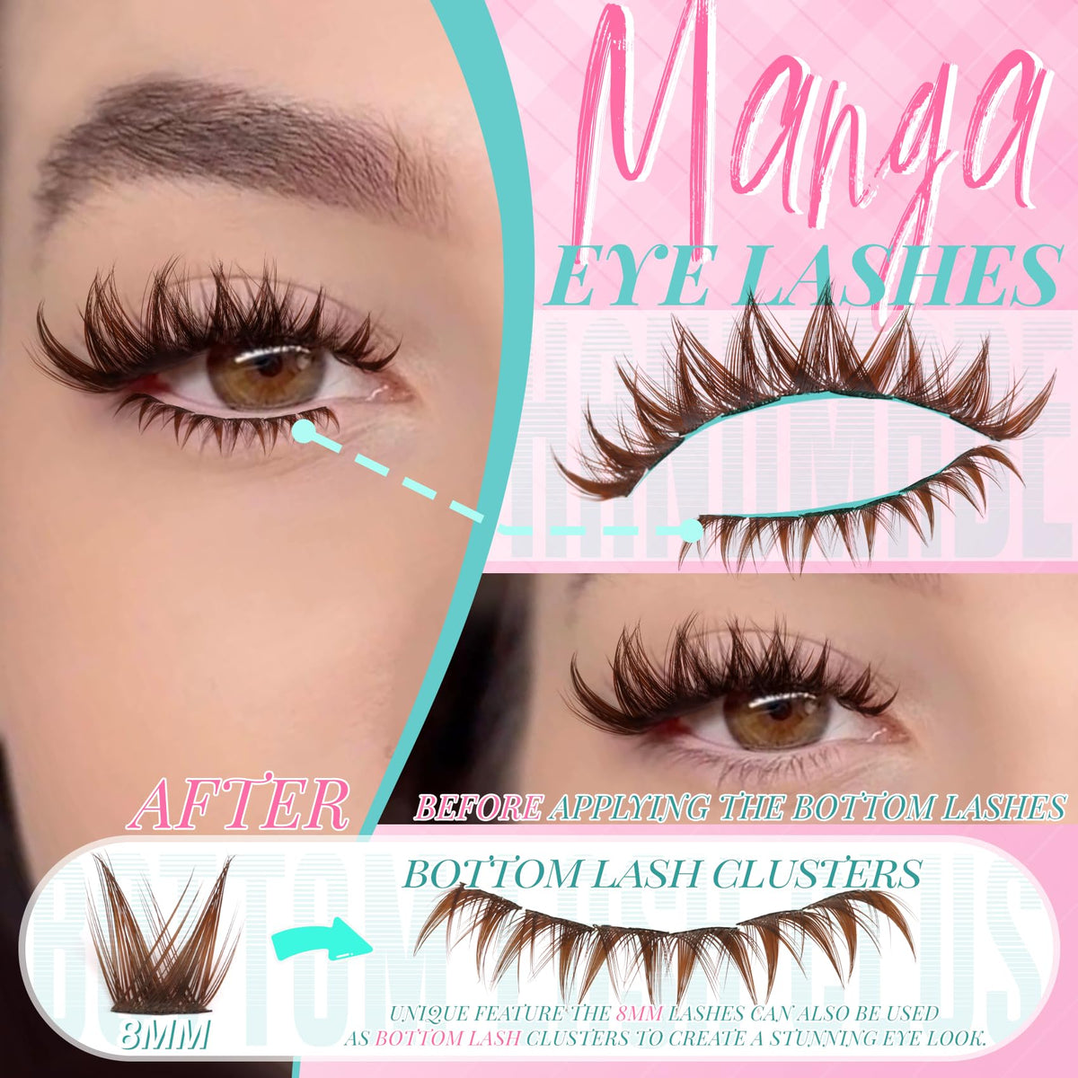 SeekLip lower-lash 8mm clusters applied to lower rim for subtle eye widening