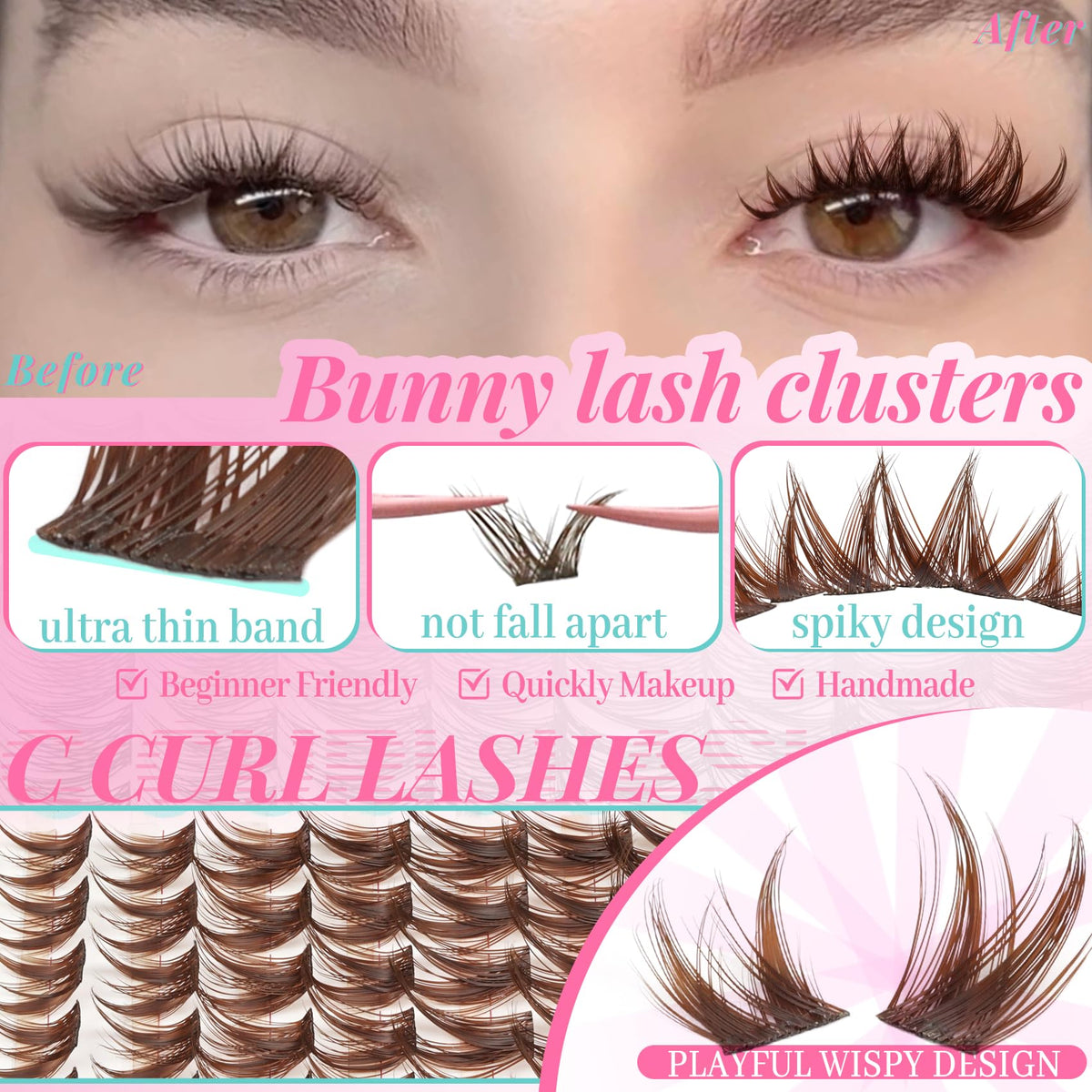 SeekLip model wearing upper lash clusters demonstrating enlarged, natural-looking eyes