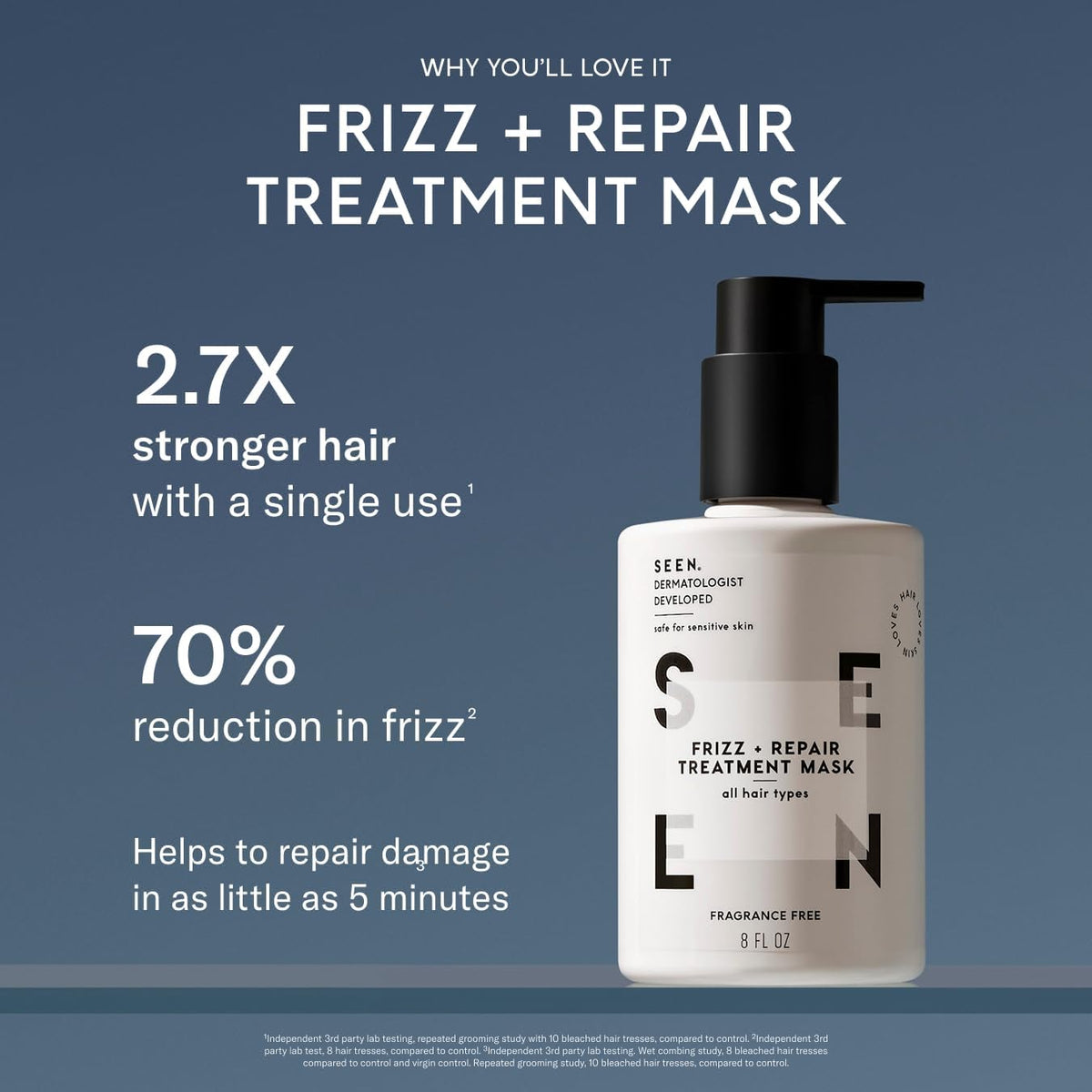 SEEN being applied to damp hair demonstrating quick five-minute repair benefit