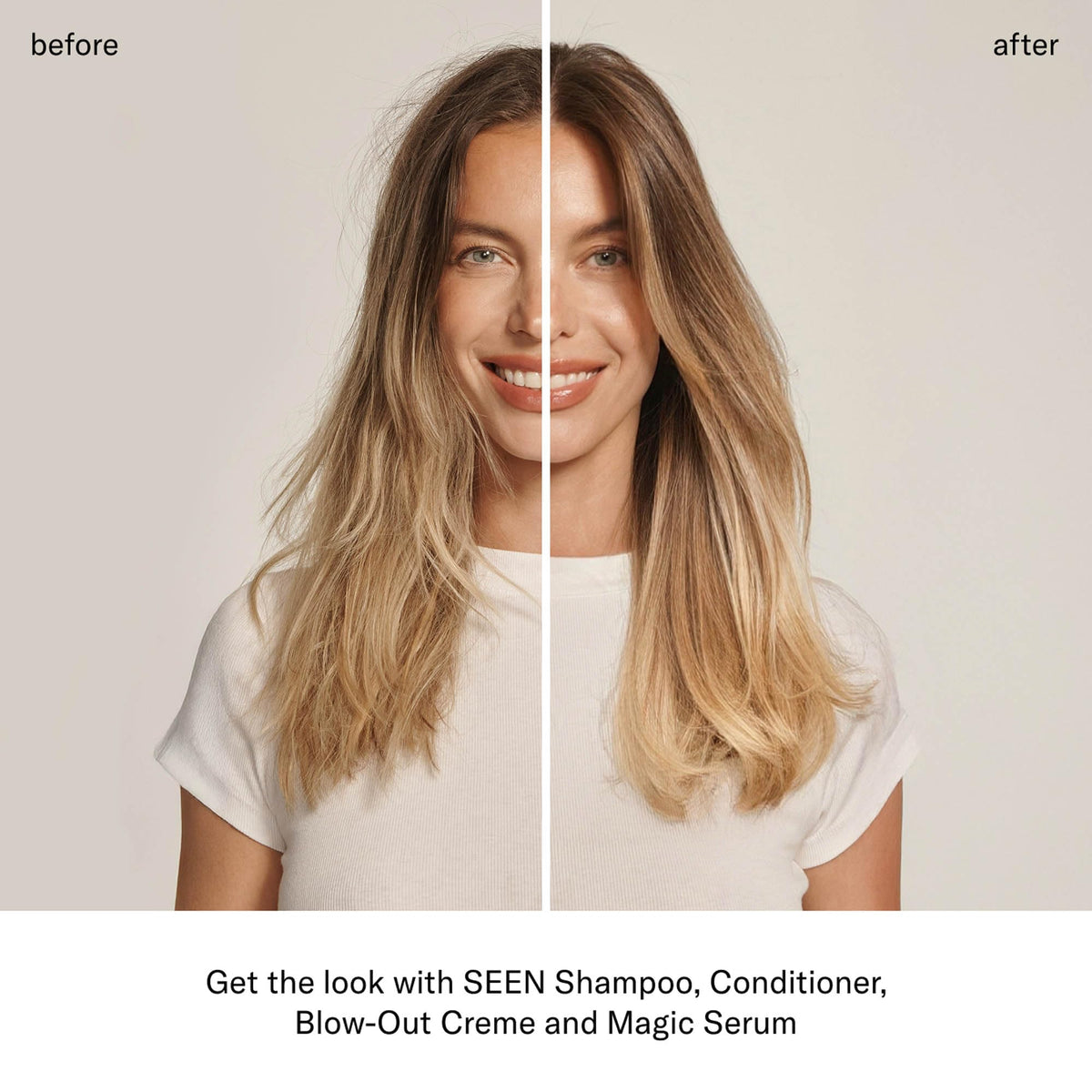 SEEN blow-out creme in use with blow-dryer demonstrating heat protection benefit