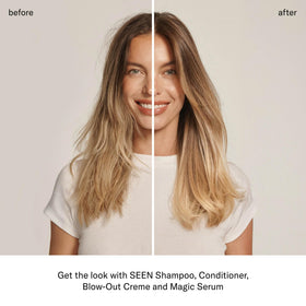 SEEN blow-out creme in use with blow-dryer demonstrating heat protection benefit