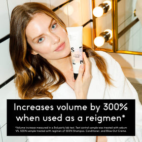SEEN blow-out cream being applied to damp hair to reduce frizz and add shine