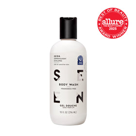 SEEN bottle in bathroom lifestyle scene showing daily gentle skincare routine benefit