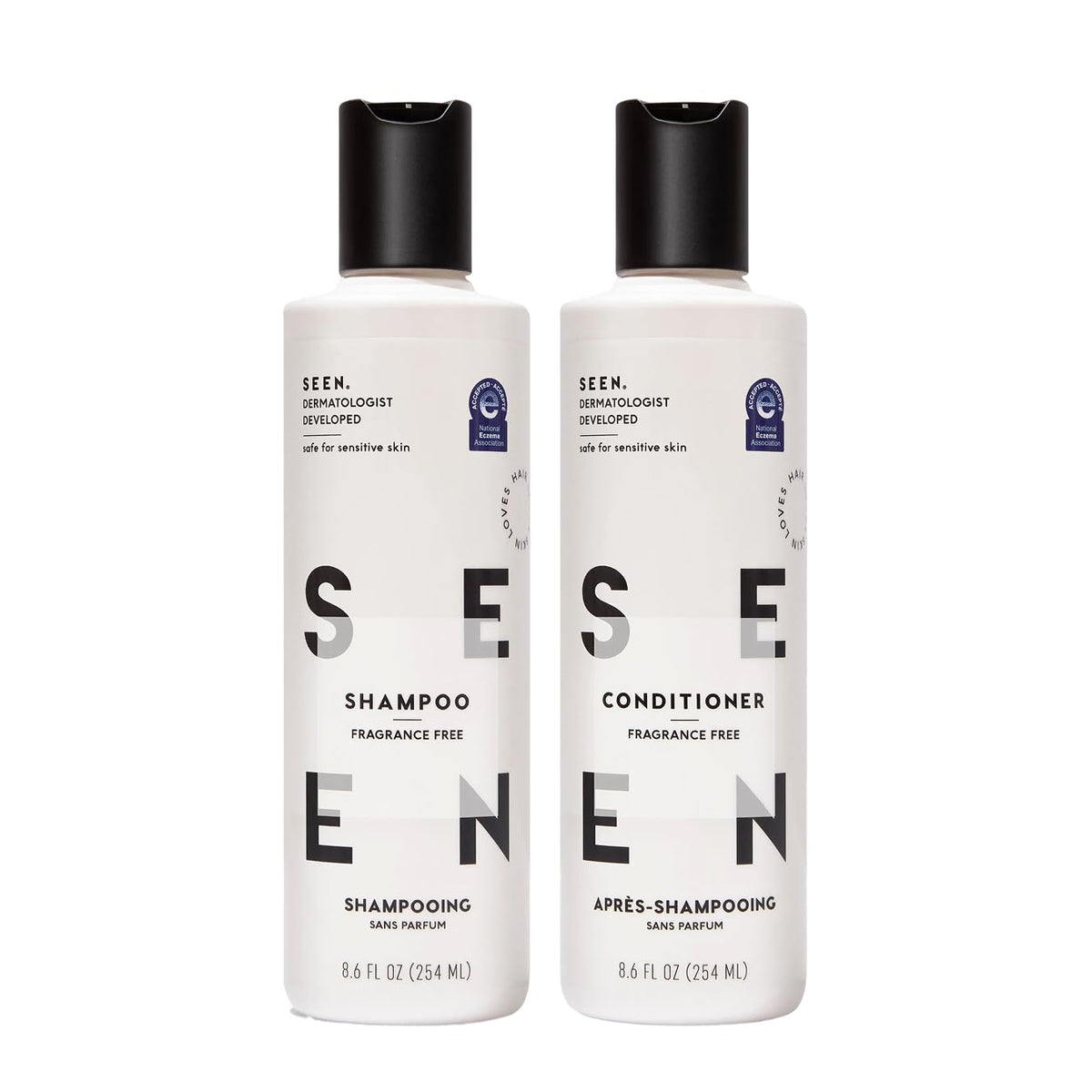 SEEN front packaging of fragrance-free shampoo and conditioner showing clean design and gentle benefits