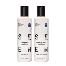 SEEN front packaging of fragrance-free shampoo and conditioner showing clean design and gentle benefits