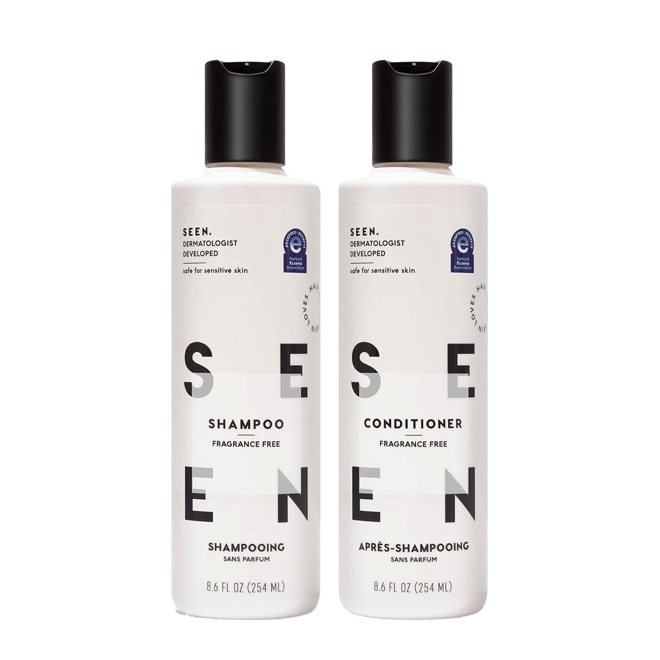 SEEN front packaging of fragrance-free shampoo and conditioner showing clean design and gentle benefits