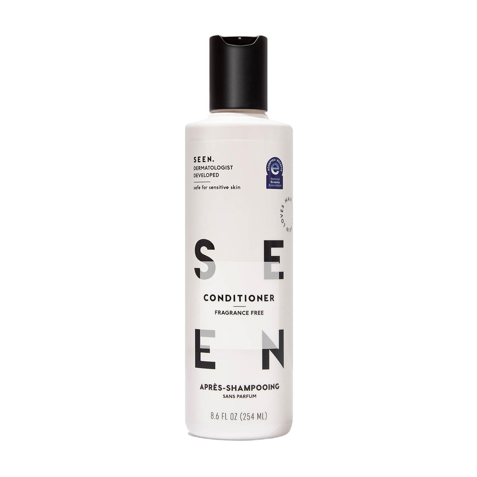 SEEN conditioner front bottle showing clean packaging and gentle formula benefit
