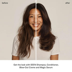 SEEN conditioner label and ingredients highlighting dermatologist-developed, safe formula