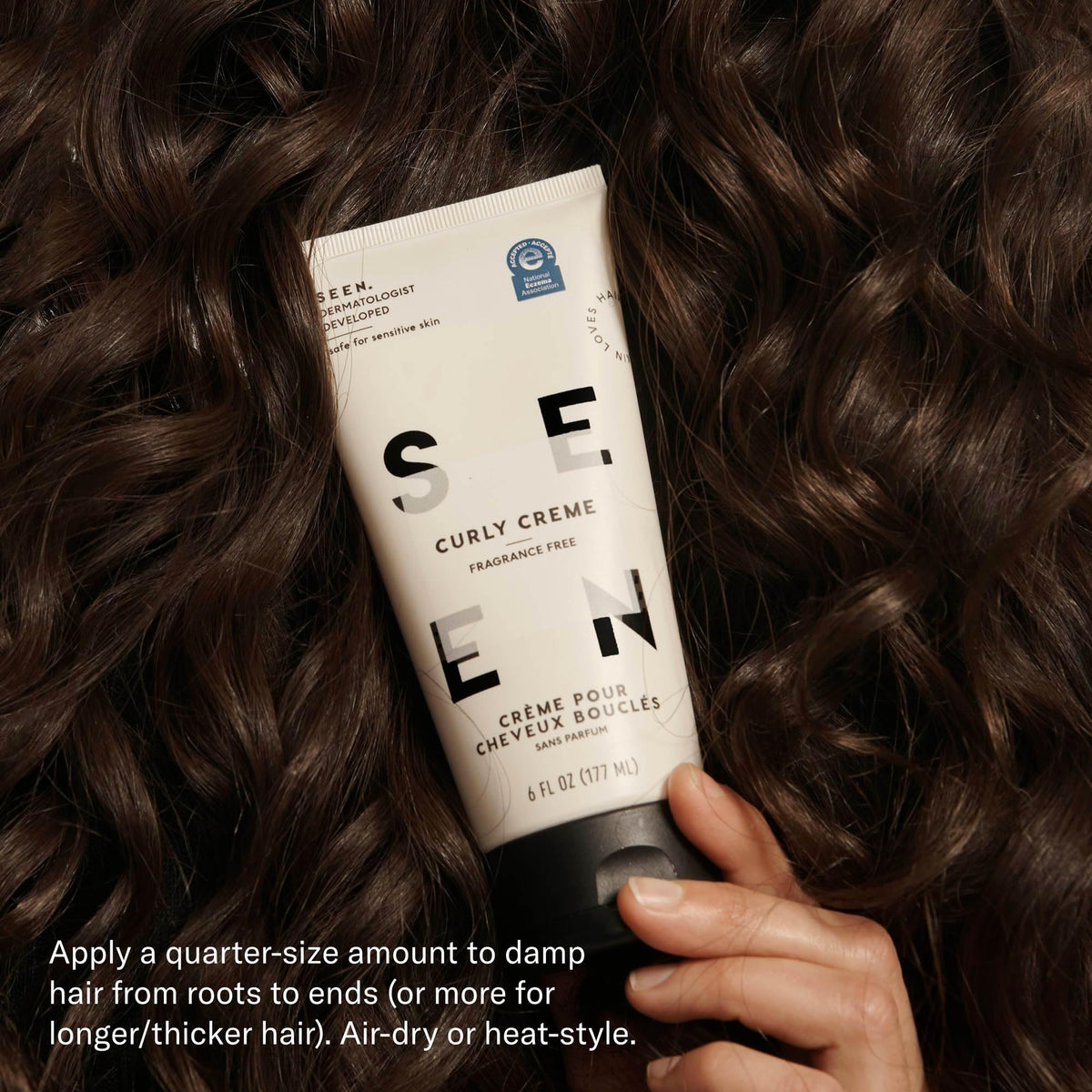 SEEN Curly Creme ingredients label detail highlighting plant-derived protectants and safety benefit