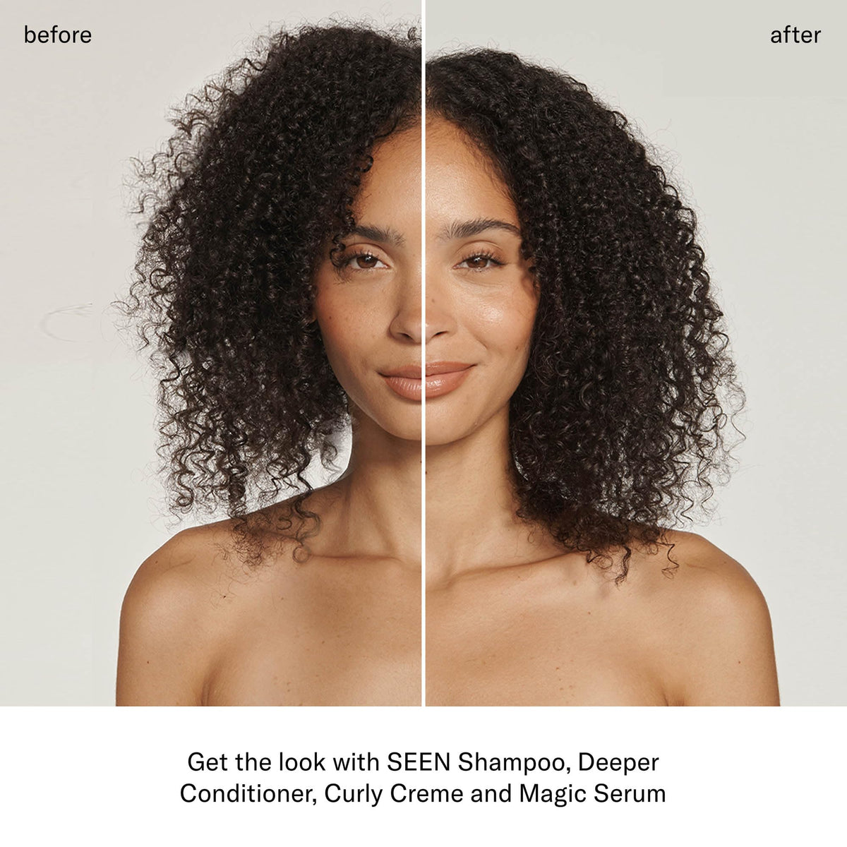 SEEN Curly Creme styled curly hair in lifestyle scene with defined, frizz-reduced curls benefit