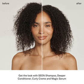 SEEN Curly Creme styled curly hair in lifestyle scene with defined, frizz-reduced curls benefit