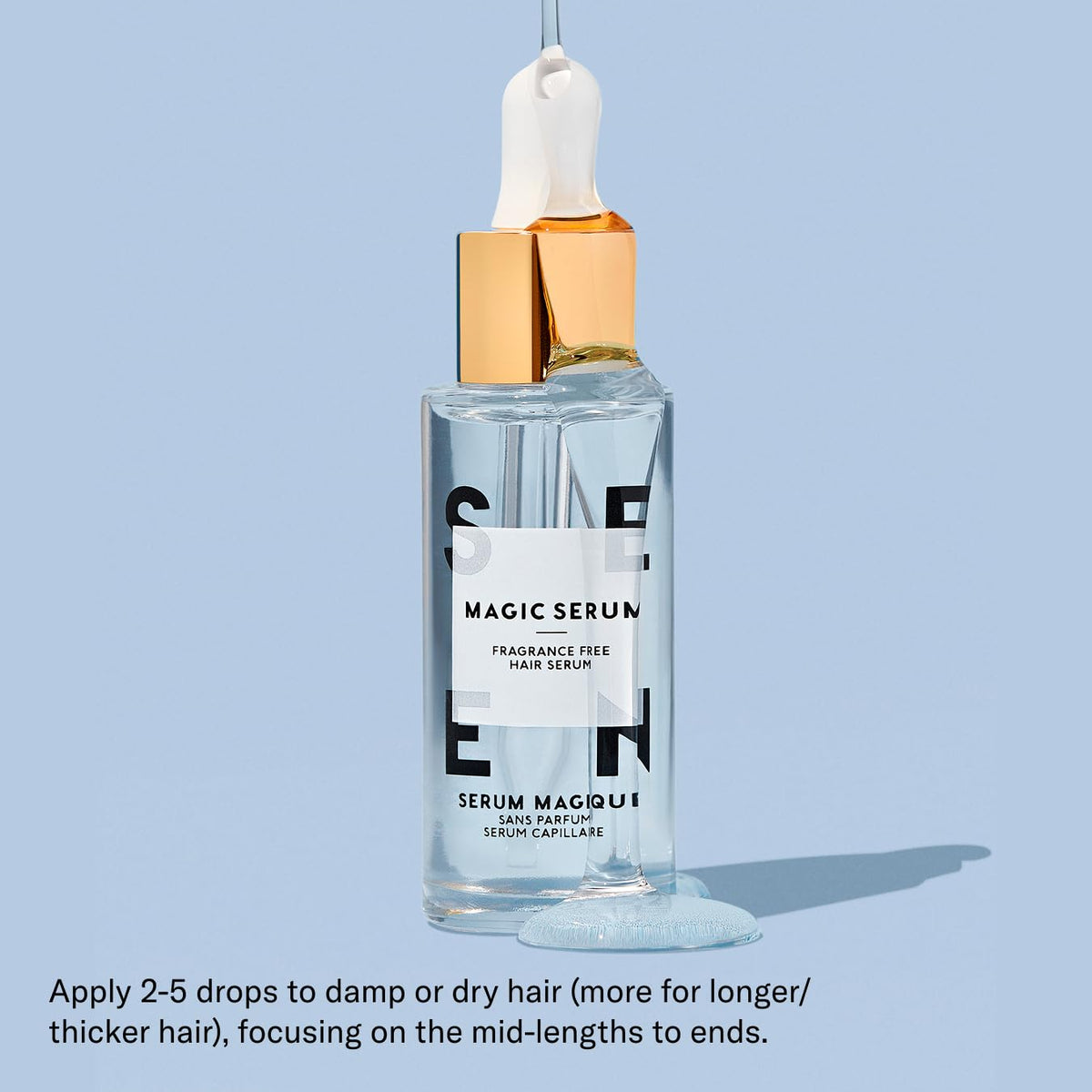 SEEN Magic Serum shown beside styling tools indicating heat protection up to 450°F