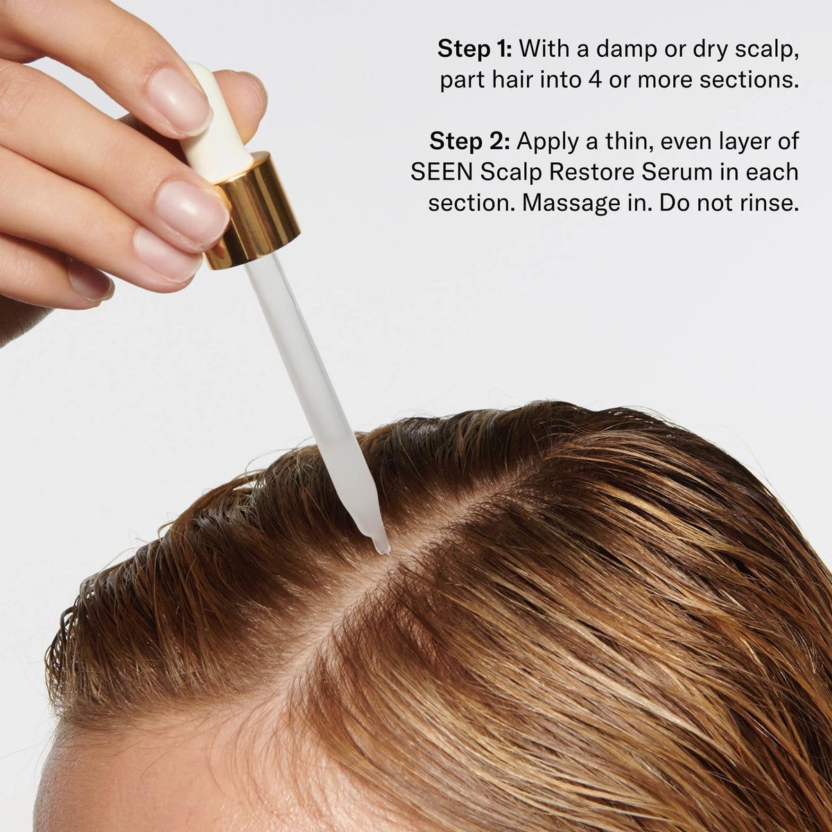 SEEN applying serum to dry scalp in-use illustrating targeted relief and reduced flaking