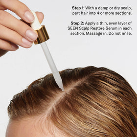 SEEN applying serum to dry scalp in-use illustrating targeted relief and reduced flaking