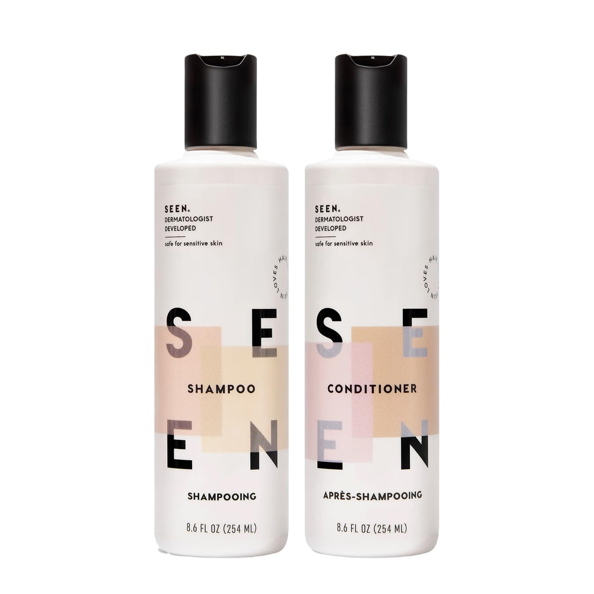 SEEN front packaging of shampoo and conditioner showing clean design and benefits