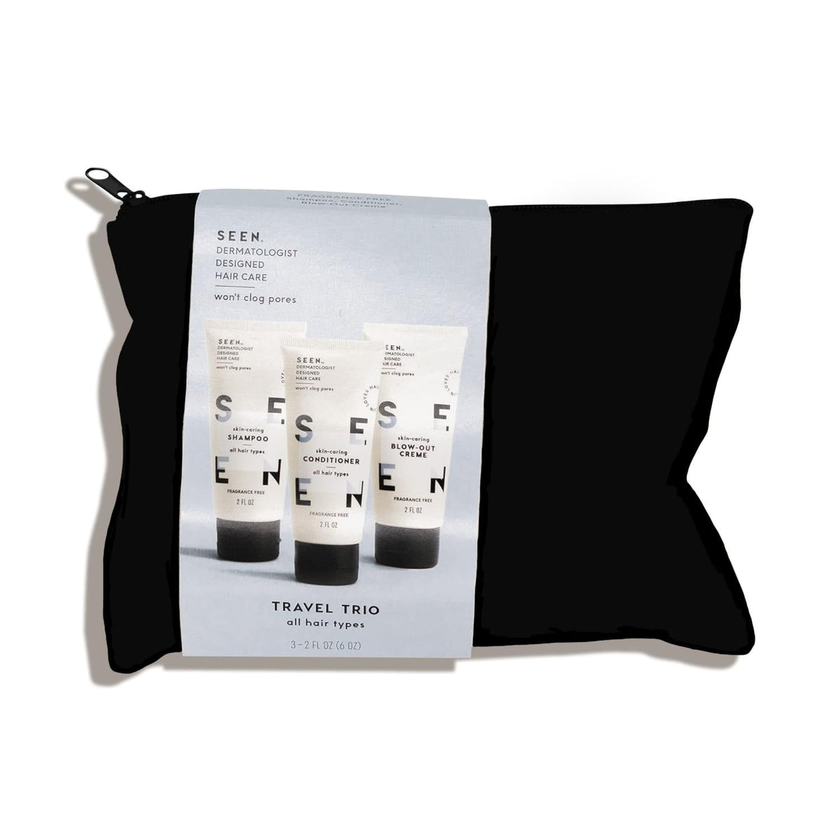 SEEN travel trio front packaging showing clean, fragrance-free kit benefits